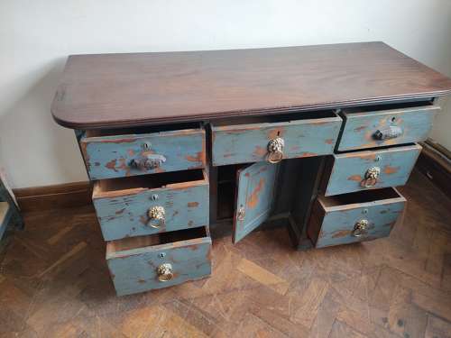 Antique Victorian painted Kneehole desk in blue colour