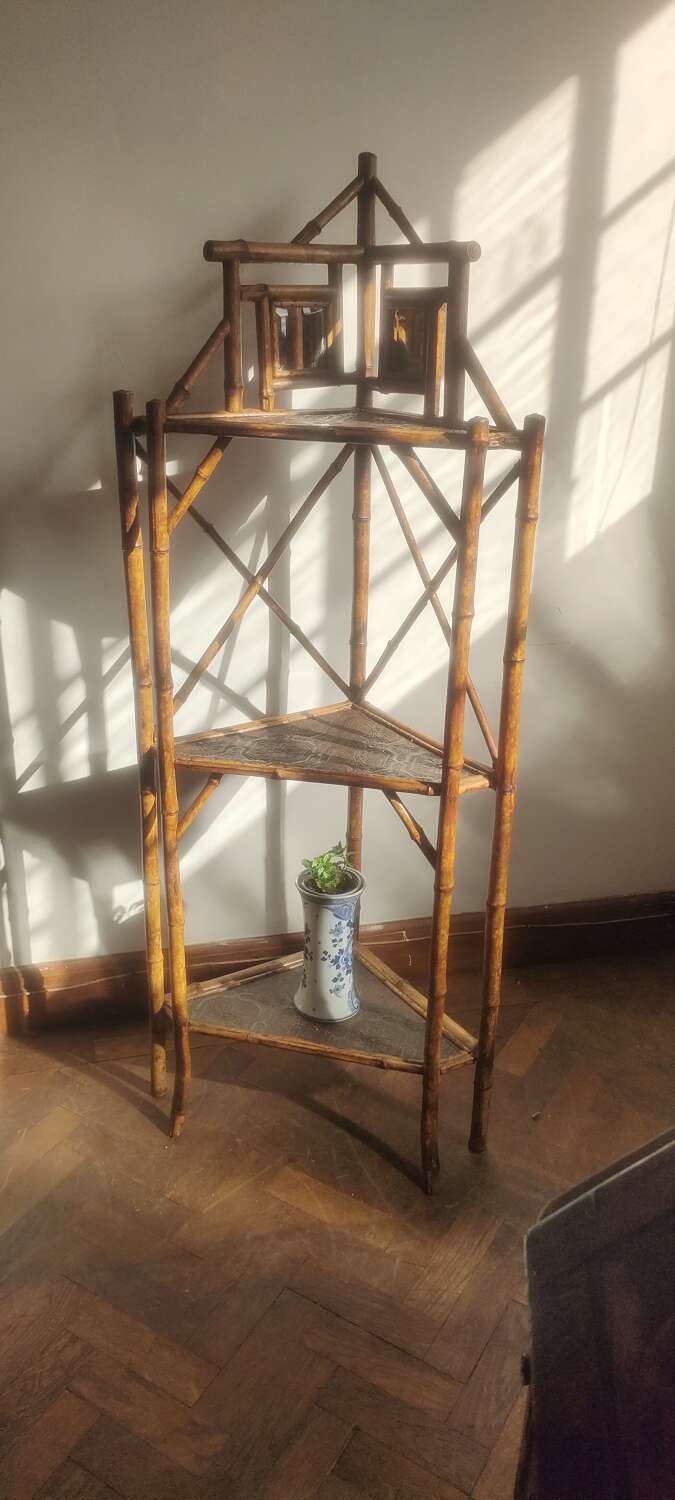 Antique Victorian bamboo corner shelf